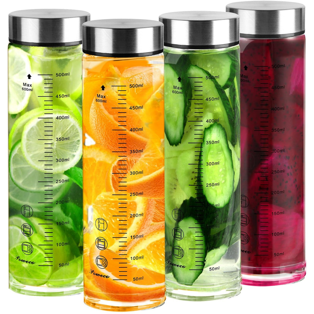 Glass Juice Bottles 4 Pack 20 oz - Wide Mouth Glass Water Bottles with Lids - for Juicing, Protein, Smoothie, Milk, Reusable, BPA Free, Stainless Steel Lids, Blender, Shaker Bottle (20oz/600ml)