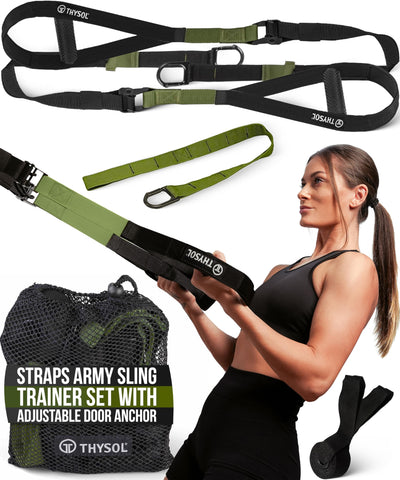 THYSOL® Resistance Trainer Pro Xtreme Straps Army | Sling Trainer Set with Adjustable Door Anchor | Fitness Home Workouts - Suitable for Travelling & for Training Indoor & Outdoor