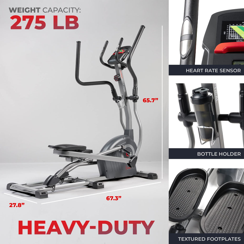 Sunny Health & Fitness Elliptical Trainer Machine w/Built-in Pulse Sensor, Low Impact Cardio Exerciser & Full-Body Cross Training for Home, Optional Free SunnyFit App Link & Electric w/300LB Load