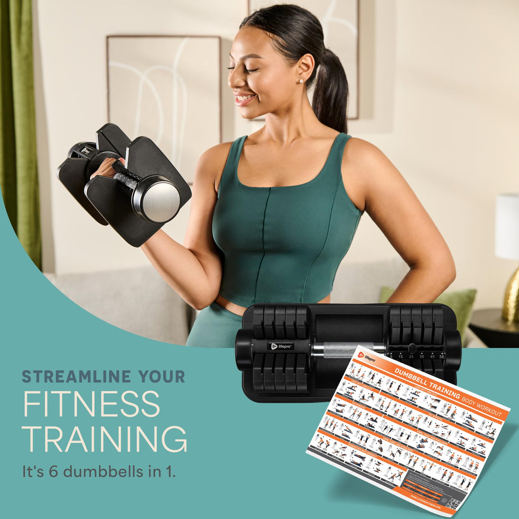 Lifepro Adjustable Dumbbells Set - 5in1-15lb 25lb 43lb 55lb weights Set & Single with Rack - Quick Adjust, Secure Grip - Compact Hand Weights for Men Women Home Gym