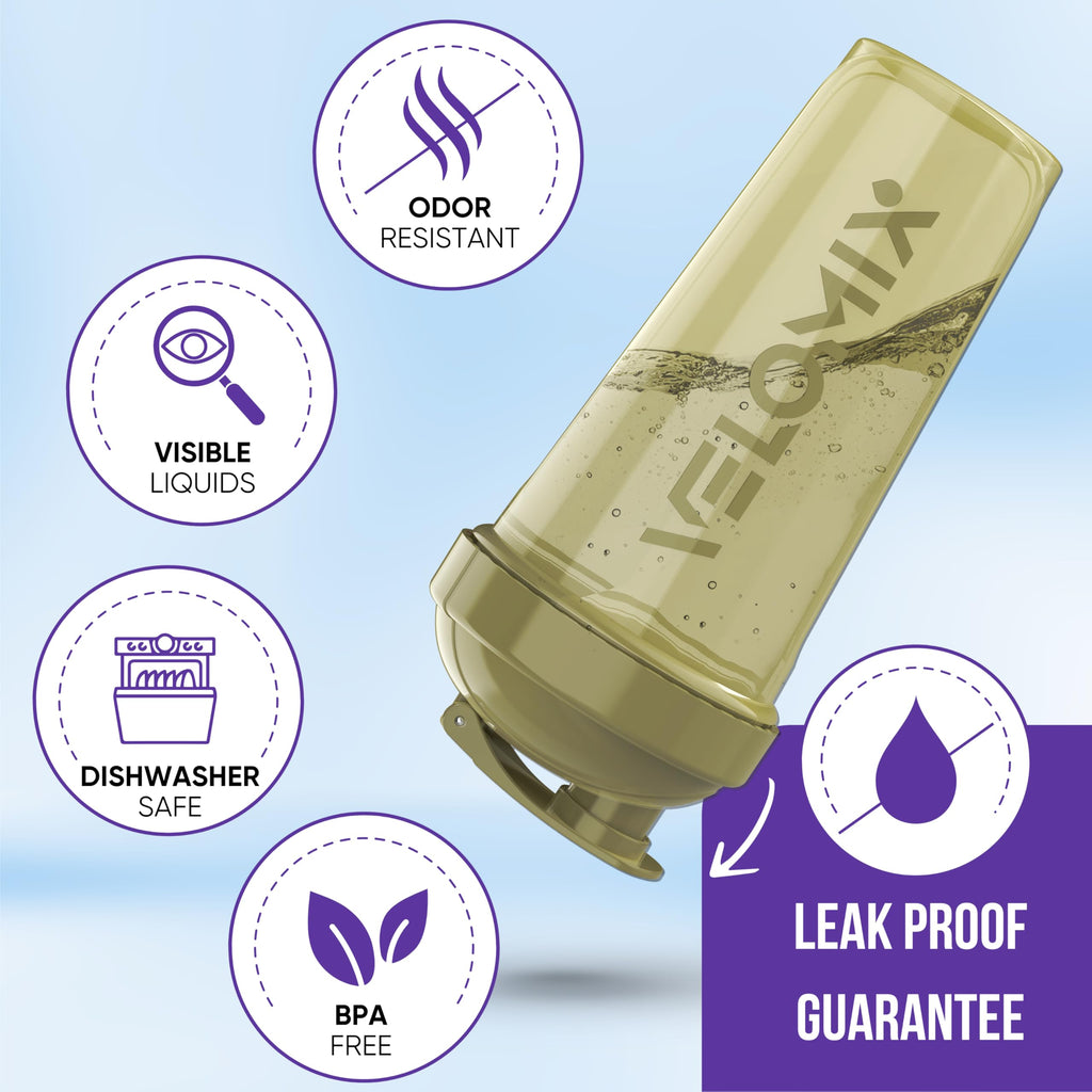 VELOMIX -4 PACK- 28 oz Protein Shaker Bottle for Protein Mixes - 4x Wire Whisk | Leak Proof Shaker Cups for Protein Shakes | Protein Shaker Bottle Pack | Protein Shake Cup (Brown)