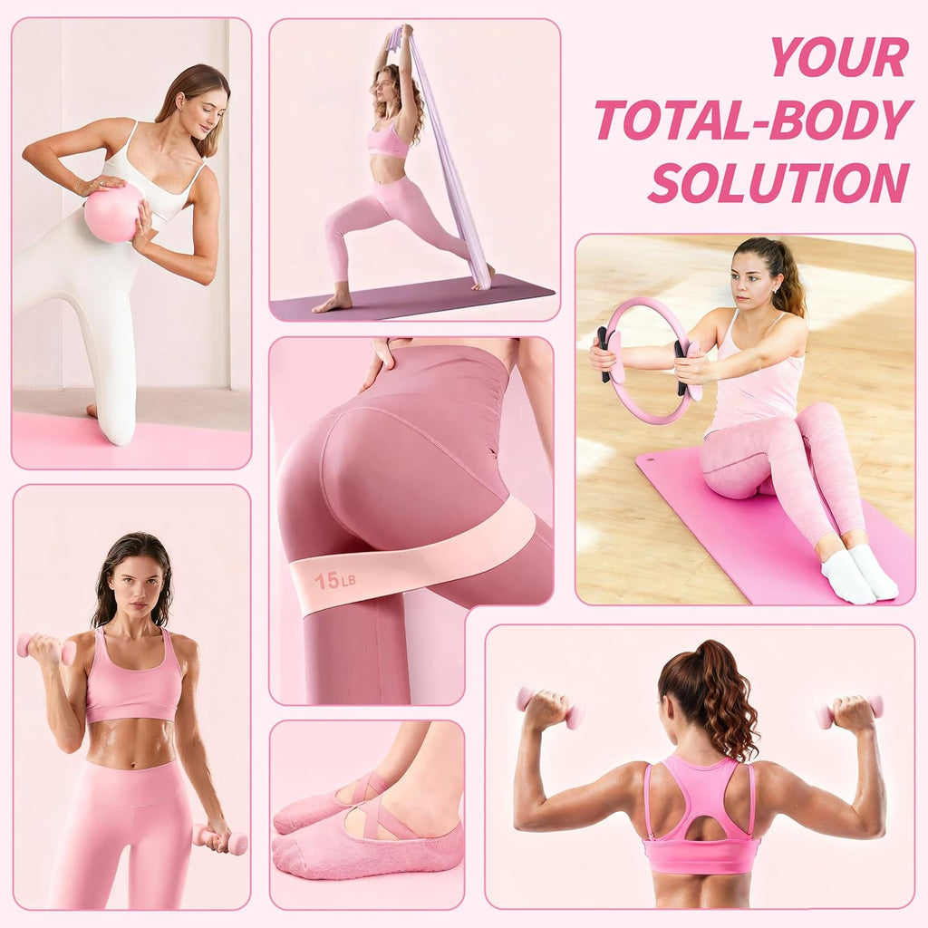 Pilates Kit 16PCS,Pilates Essential Kit for Women,Better me Pilates Equipment with 14.5" Pilates Ring and Ball,8 Resistance Bands,Dumbbells & Grip Socks, Home Pilates Workout Kit for Beginners