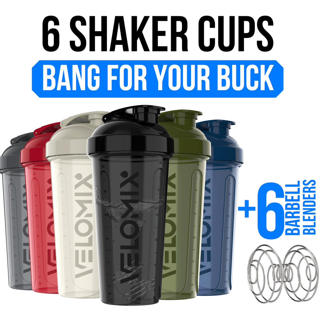 VELOMIX -6 PACK- 28 oz Protein Shaker Bottle for Protein Mixes - 6x Wire Whisk | Leak Proof Shaker Cups for Protein Shakes | Protein Shaker Bottle Pack | Protein Shake Cup (Earth Tones Collection)