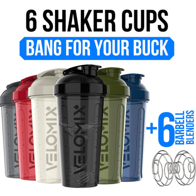 VELOMIX -6 PACK- 28 oz Protein Shaker Bottle for Protein Mixes - 6x Wire Whisk | Leak Proof Shaker Cups for Protein Shakes | Protein Shaker Bottle Pack | Protein Shake Cup (Earth Tones Collection)