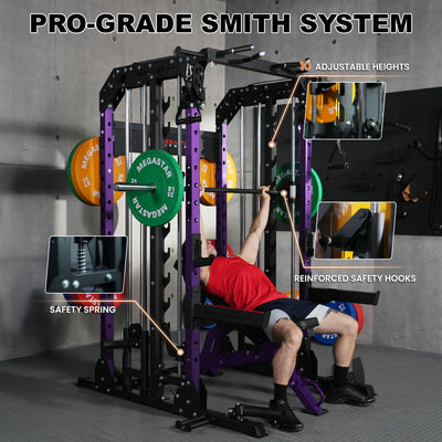 Smith Machine Home Gym with Aluminum Pulley Set- 2000lbs Capacity All-in-One Power Rack with Cable Crossover, Pull-Up Bar & Dip Station, Includes 18 Attachments, P107 Anvil