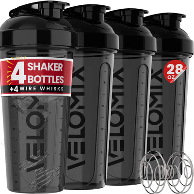 VELOMIX -4 PACK- 28 oz Protein Shaker Bottle for Protein Mixes - 4x Wire Whisk | Leak Proof Shaker Cups for Protein Shakes | Protein Shaker Bottle Pack | Protein Shake Cup (Brown)