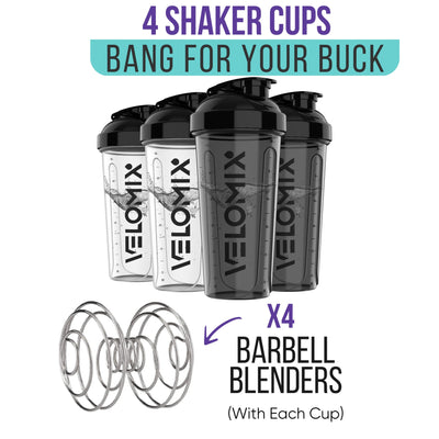 VELOMIX -4 PACK- 28 oz Protein Shaker Bottle for Protein Mixes - 4x Wire Whisk | Leak Proof Shaker Cups for Protein Shakes | Protein Shaker Bottle Pack | Protein Shake Cup (Brown)