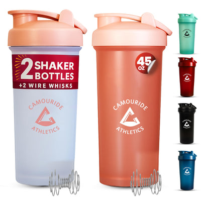 2 Pack 45 oz Protein Shaker Bottles with Wire Whisk – BPA-Free, Leak-Proof Shaker Cups for Protein Shakes & Smoothies – Large Plastic Mixer Bottle – Classic White & Cobalt Blue.