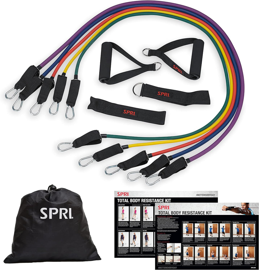 SPRI Resistance Band Kit - Resistance Training Interchangeable Tubes for Full Body Toning - Includes 5 Exercise Bands, Ankle/Wrist Strap with Padded Handles, Door Anchor, Exercise Guide, Carry Bag