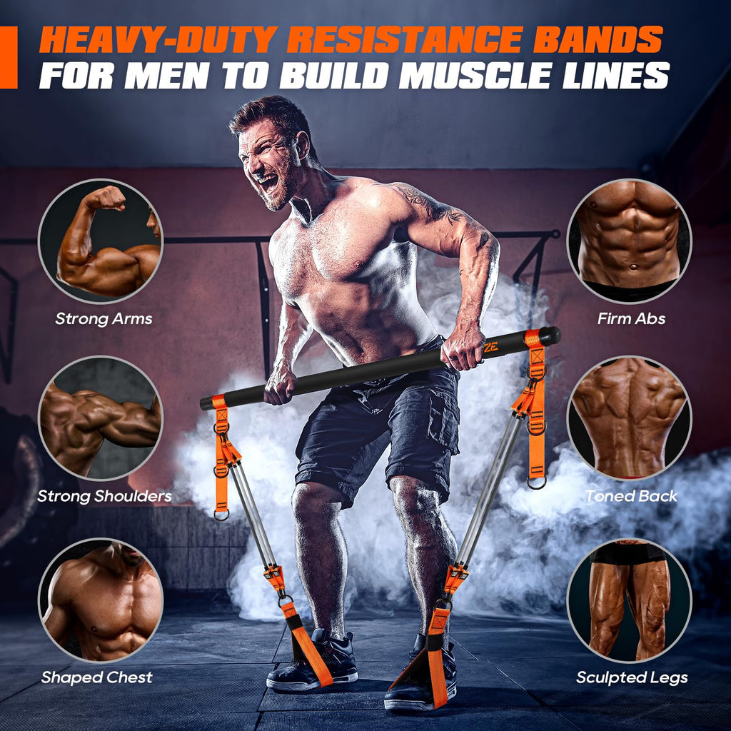 Pilates Bar Kit with Resistance Bands, Heavy Duty Pilates Equipment for Men, Strength Training Bar for Legs, Hip, Back, Arm, Abs, Chest, Shoulders, Portable Home Gym Full Body Workout Equipment