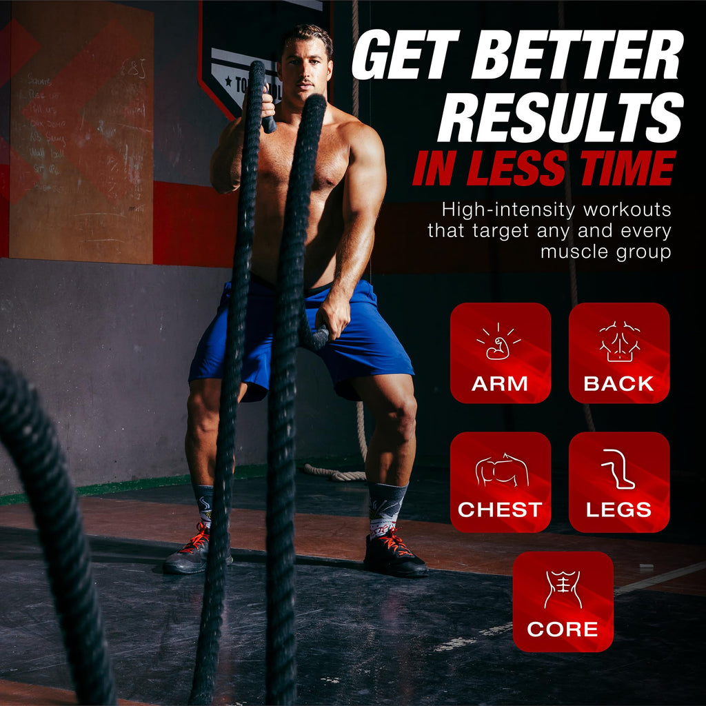 Battle Ropes 50 ft Heavy Duty Battle Rope with Protective Sleeve Black, Plastic, ABS Grip, Adult Strength Training, Cardio, CrossFit