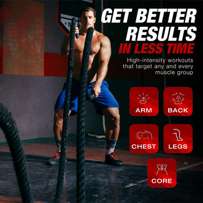 Battle Ropes 50 ft Heavy Duty Battle Rope with Protective Sleeve Black, Plastic, ABS Grip, Adult Strength Training, Cardio, CrossFit