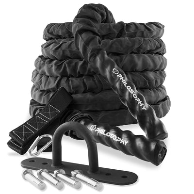 Philosophy Gym Exercise Battle Rope with Cover and Anchor Kit for Fitness Training, Conditioning
