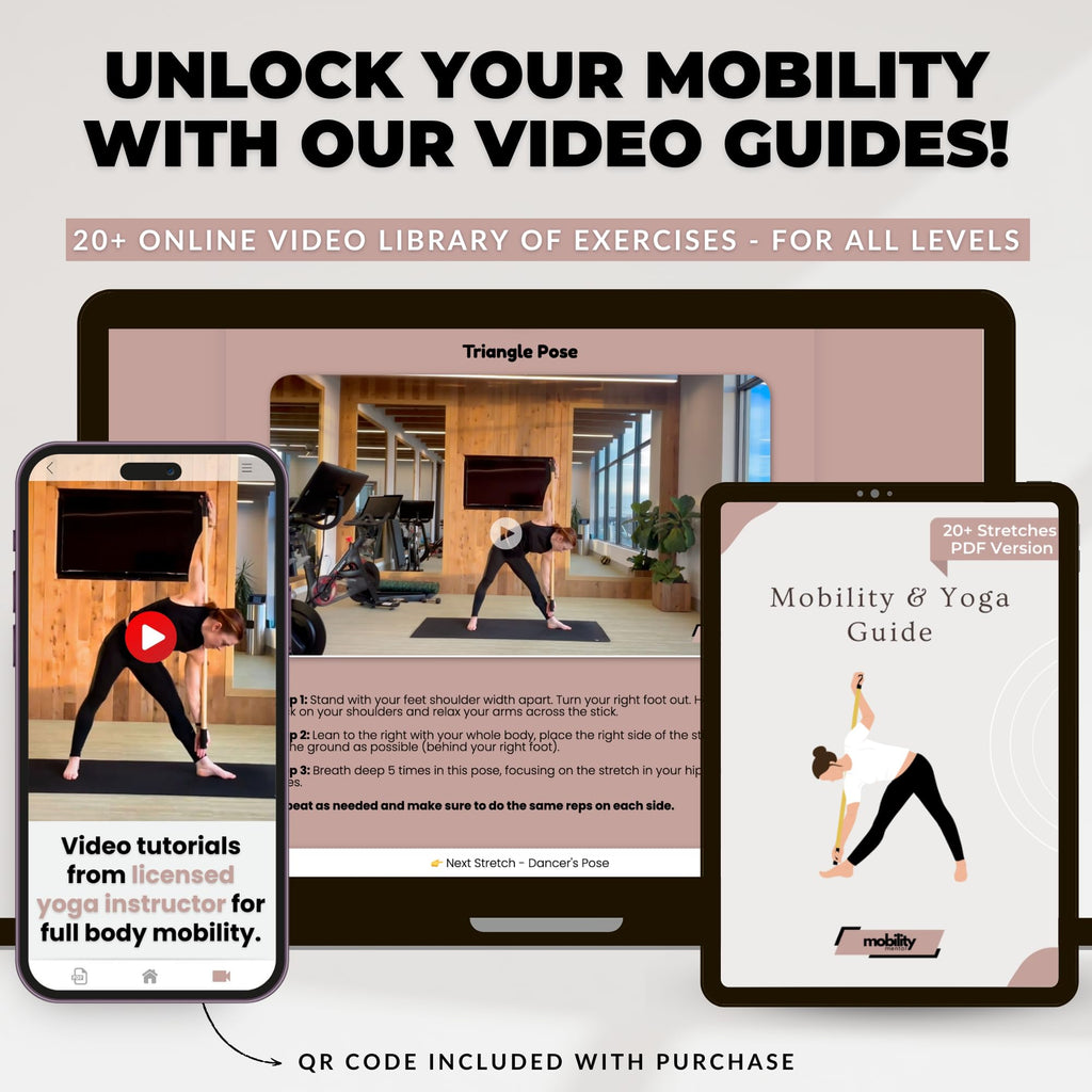 5ft Yoga Stick Made from Natural Bamboo - Stretching Stick for Mobility, Balance, Pilates & Physical Therapy - Exercise Stick with Non-Slip Ends - Includes 20+ Video Tutorials