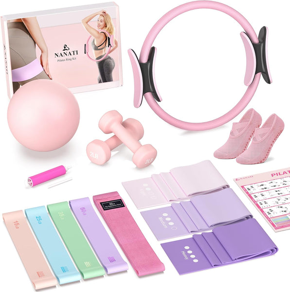 Pilates Kit 16PCS,Pilates Essential Kit for Women,Better me Pilates Equipment with 14.5" Pilates Ring and Ball,8 Resistance Bands,Dumbbells & Grip Socks, Home Pilates Workout Kit for Beginners