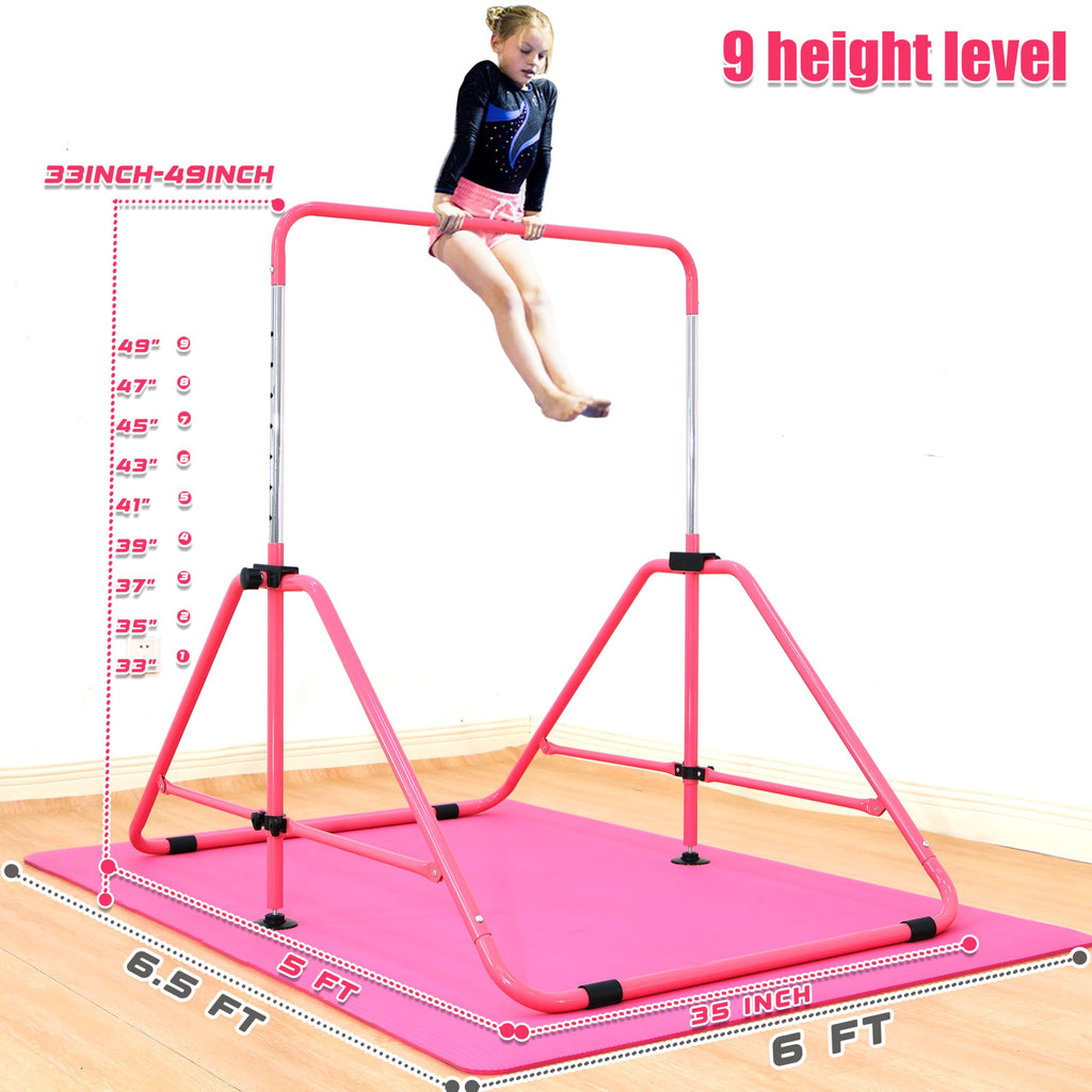 MARFULA Foldable Gymnastic Bar for Kids Ages 3-9, 9 Height Levels, 200 lbs Weight Capacity, 5 Ft Length Gymnastic Kip Bar with Mat, Gymnastic Equipment for Home and Gym Center Indoor Outdoor Use