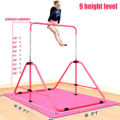 MARFULA Foldable Gymnastic Bar for Kids Ages 3-9, 9 Height Levels, 200 lbs Weight Capacity, 5 Ft Length Gymnastic Kip Bar with Mat, Gymnastic Equipment for Home and Gym Center Indoor Outdoor Use