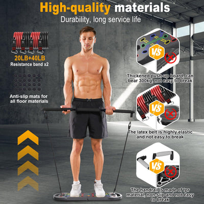HOTWAVE Portable Exercise Equipment with 16 Gym Accessories,20 in 1 Push Up Board Fitness,Resistance Bands with Ab Roller Wheel,at Home Workout for Men