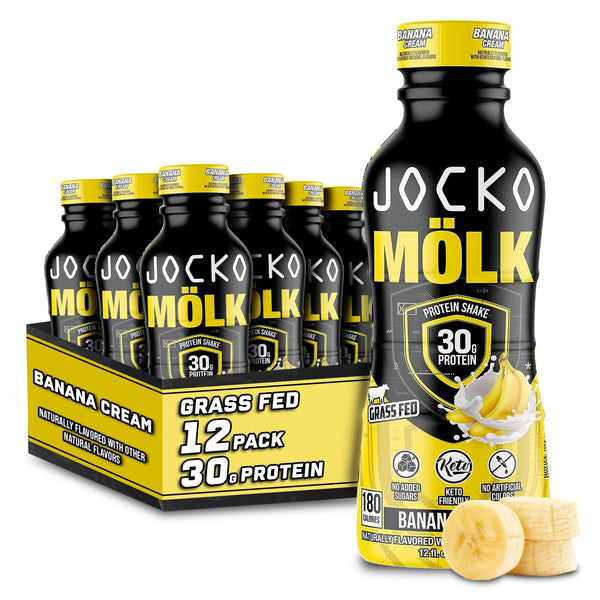 Jocko Mölk 30g Grass Fed Protein Shakes – No Added Sugar Protein Drinks KETO Friendly - Ready to Drink 12 FL Oz (Pack of 12) Banana Cream