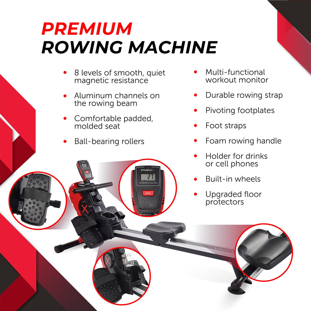 Stamina Magnetic Rower - Rower Machine with Smart Workout App - Rowing Machine with Magnetic Resistance for Home Gym Fitness - Up to 250 lbs Weight Capacity