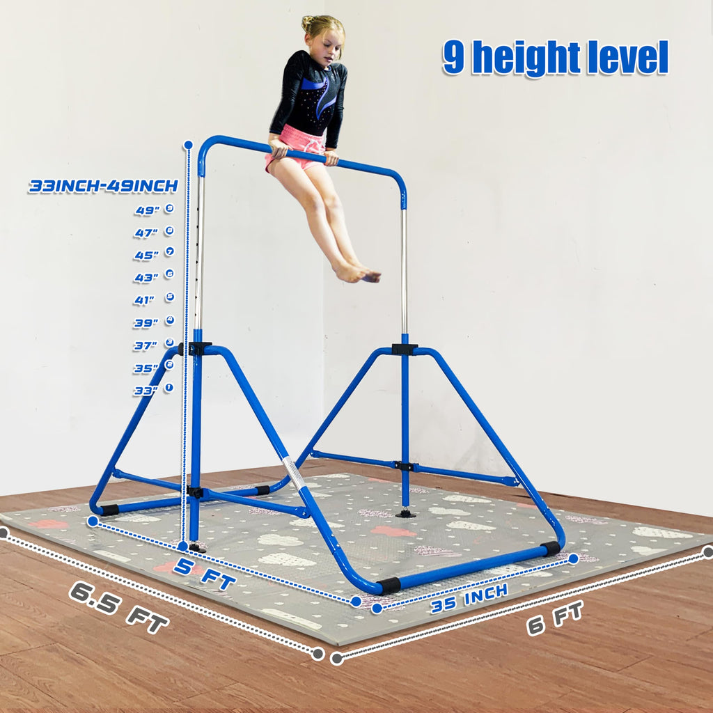 MARFULA Foldable Gymnastic Bar for Kids Ages 3-9, 9 Height Levels, 200 lbs Weight Capacity, 5 Ft Length Gymnastic Kip Bar with Mat, Gymnastic Equipment for Home and Gym Center Indoor Outdoor Use