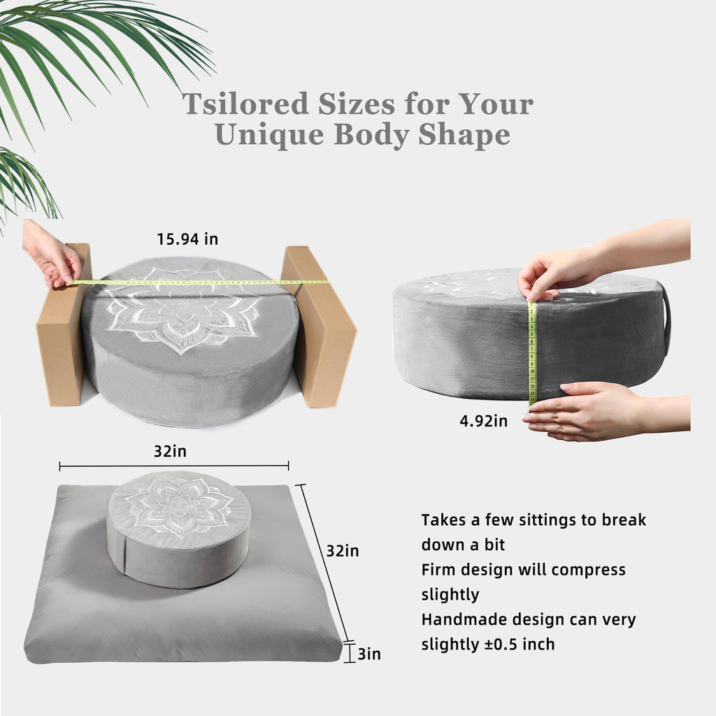 Meditation Zafu Cushion Set with Buckwheat Hulls & Memory Foam - Ergonomic Support for Yoga & Sitting - Removable Machine-Washable Luxury Velvet Cover - for Adults and Kids (Blue)