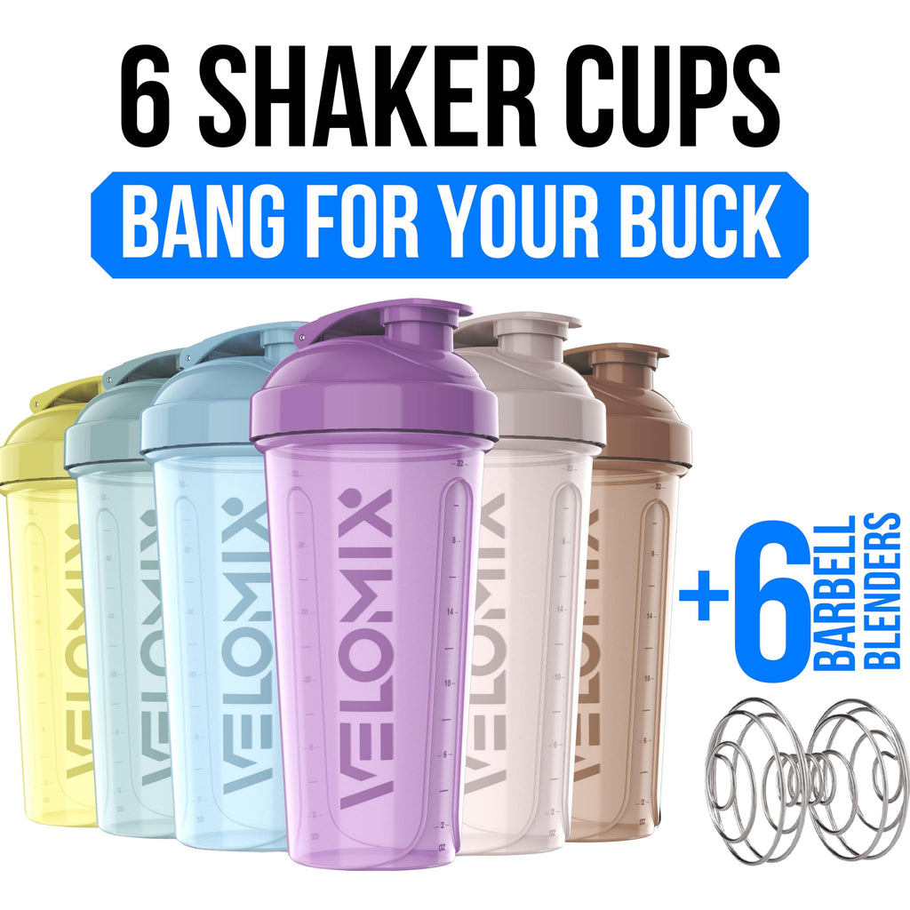 VELOMIX -6 PACK- 28 oz Protein Shaker Bottle for Protein Mixes - 6x Wire Whisk | Leak Proof Shaker Cups for Protein Shakes | Protein Shaker Bottle Pack | Protein Shake Cup (Earth Tones Collection)
