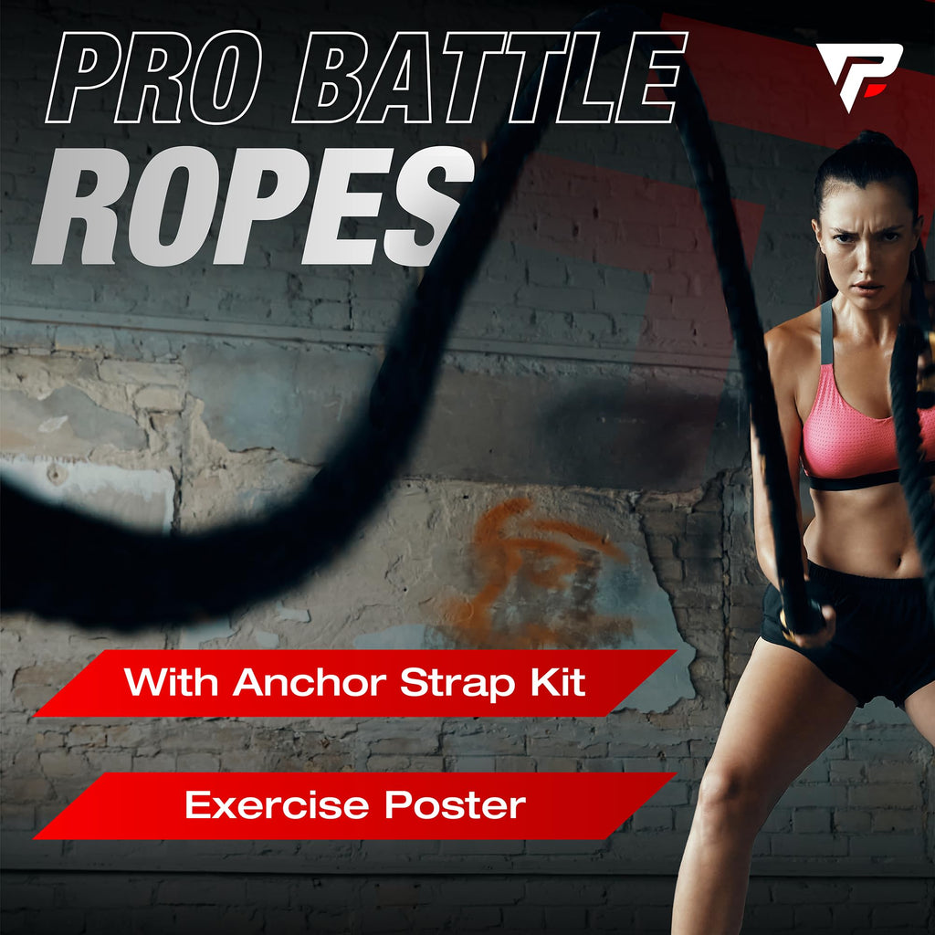 Battle Ropes 50 ft Heavy Duty Battle Rope with Protective Sleeve Black, Plastic, ABS Grip, Adult Strength Training, Cardio, CrossFit