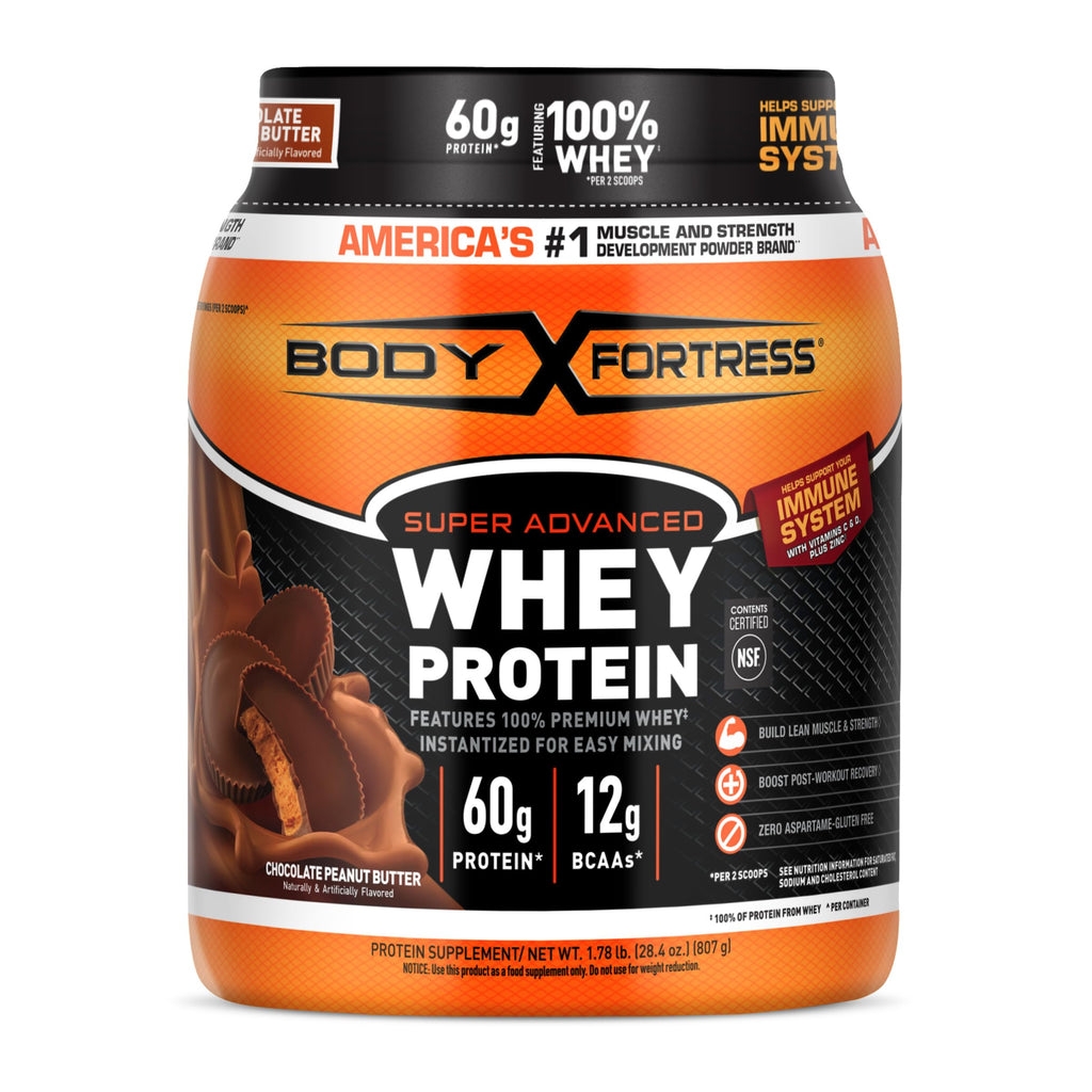Body Fortress Super Advanced Whey Protein Powder, Strawberry, Immune Support (1), Vitamins C & D Plus Zinc, 1.78 lbs