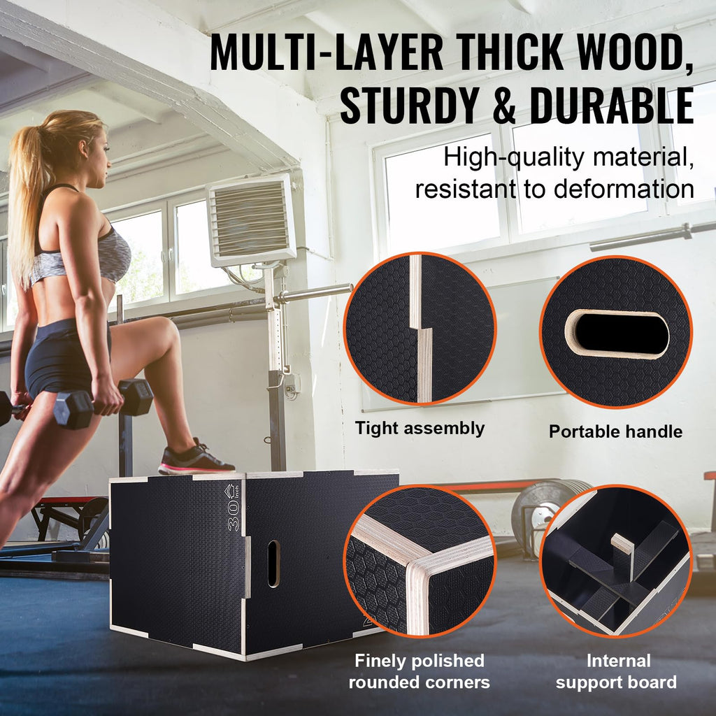 VEVOR 3 in 1 Plyometric Jump Box, Easy-to-Assemble Wood Plyo Box for Jumping Trainers, Home Gym Training and Conditioning