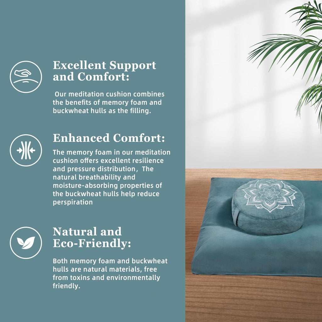 Meditation Zafu Cushion Set with Buckwheat Hulls & Memory Foam - Ergonomic Support for Yoga & Sitting - Removable Machine-Washable Luxury Velvet Cover - for Adults and Kids (Blue)