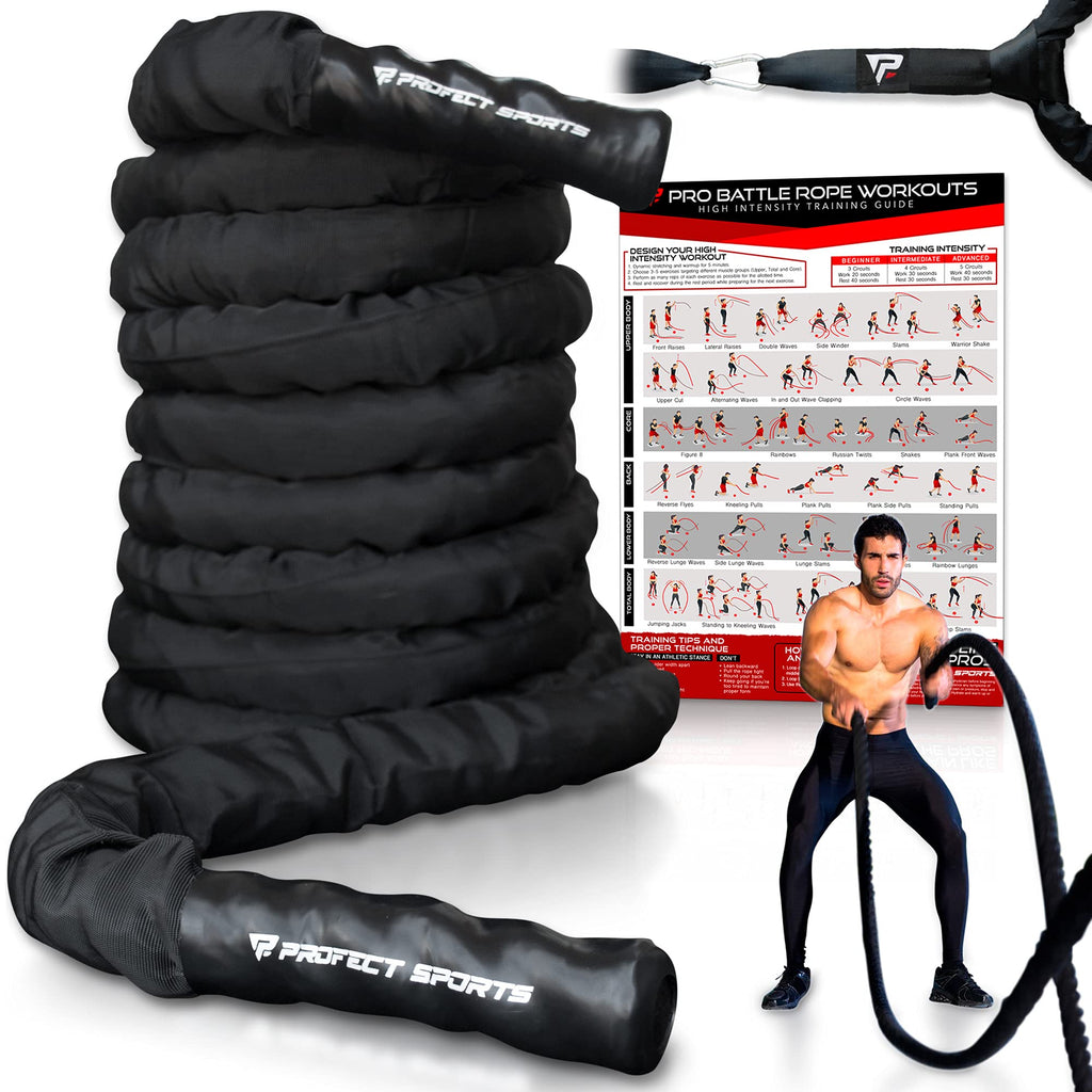 Battle Ropes 50 ft Heavy Duty Battle Rope with Protective Sleeve Black, Plastic, ABS Grip, Adult Strength Training, Cardio, CrossFit