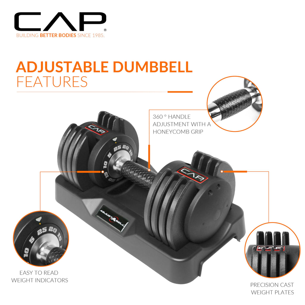 CAP Barbell ADJUSTABELL Adjustable Round Dumbbell Weights - Singles & Pairs | 12.5 lb, 25 lb & 55 lb | Multiple Handle Options
