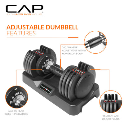 CAP Barbell ADJUSTABELL Adjustable Round Dumbbell Weights - Singles & Pairs | 12.5 lb, 25 lb & 55 lb | Multiple Handle Options