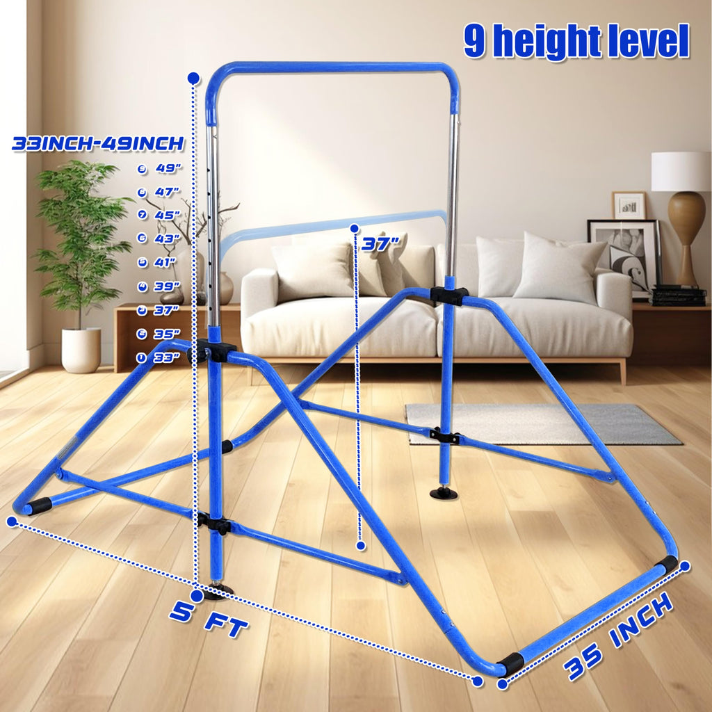 MARFULA Foldable Gymnastic Bar for Kids Ages 3-9, 9 Height Levels, 200 lbs Weight Capacity, 5 Ft Length Gymnastic Kip Bar with Mat, Gymnastic Equipment for Home and Gym Center Indoor Outdoor Use