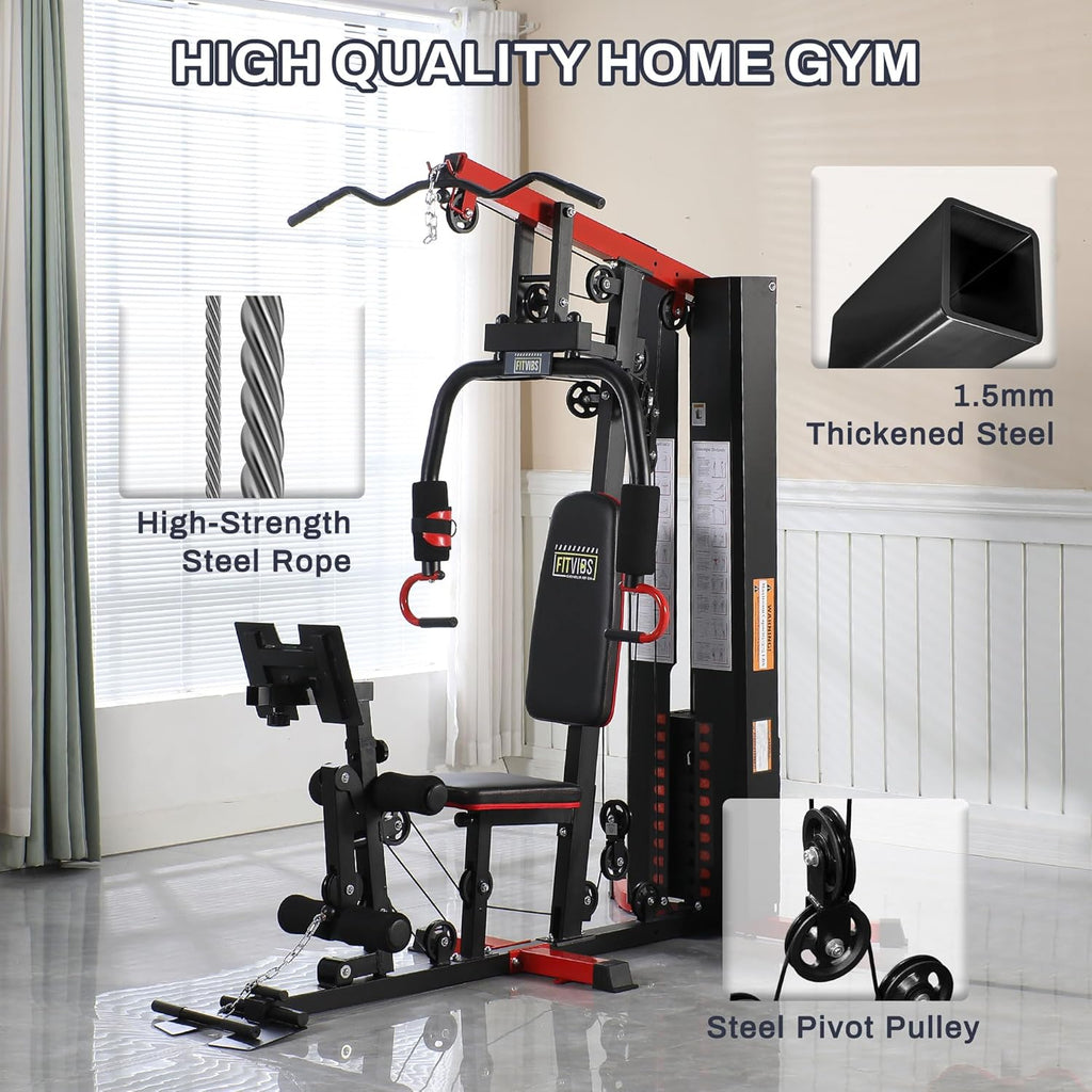 Fitvids Home Gym, Full Body Strength Training with Pulley System, Black Steel Home Gym System, 330 Pound Resistance, 400 Pound User Weight Capacity