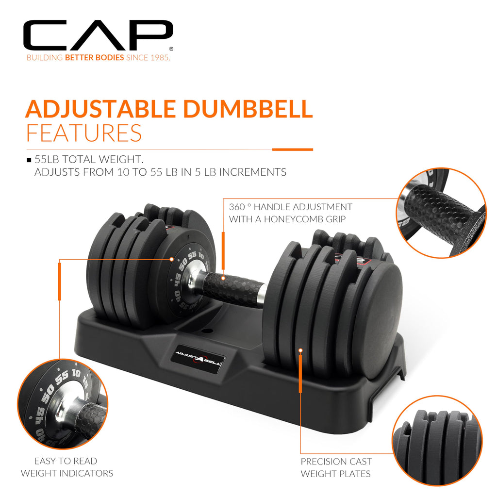 CAP Barbell ADJUSTABELL Adjustable Round Dumbbell Weights - Singles & Pairs | 12.5 lb, 25 lb & 55 lb | Multiple Handle Options