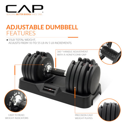 CAP Barbell ADJUSTABELL Adjustable Round Dumbbell Weights - Singles & Pairs | 12.5 lb, 25 lb & 55 lb | Multiple Handle Options