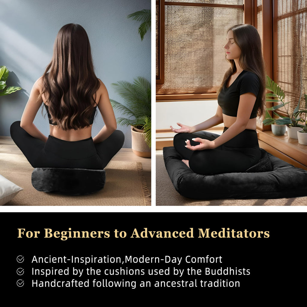 Meditation Zafu Cushion Set with Buckwheat Hulls & Memory Foam - Ergonomic Support for Yoga & Sitting - Removable Machine-Washable Luxury Velvet Cover - for Adults and Kids (Blue)