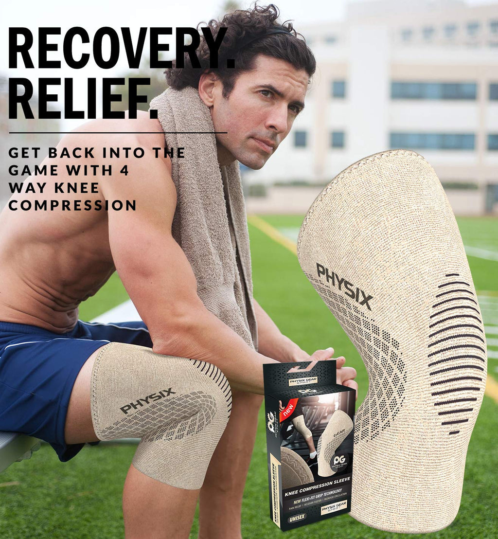 Physix Gear Knee Compression Sleeve for Men & Women - Best Compression Knee Brace for Walking, Running, Gym, Basketball, Weightlifting,Workout, Sports - Knee sleeves Support Compression & Stability