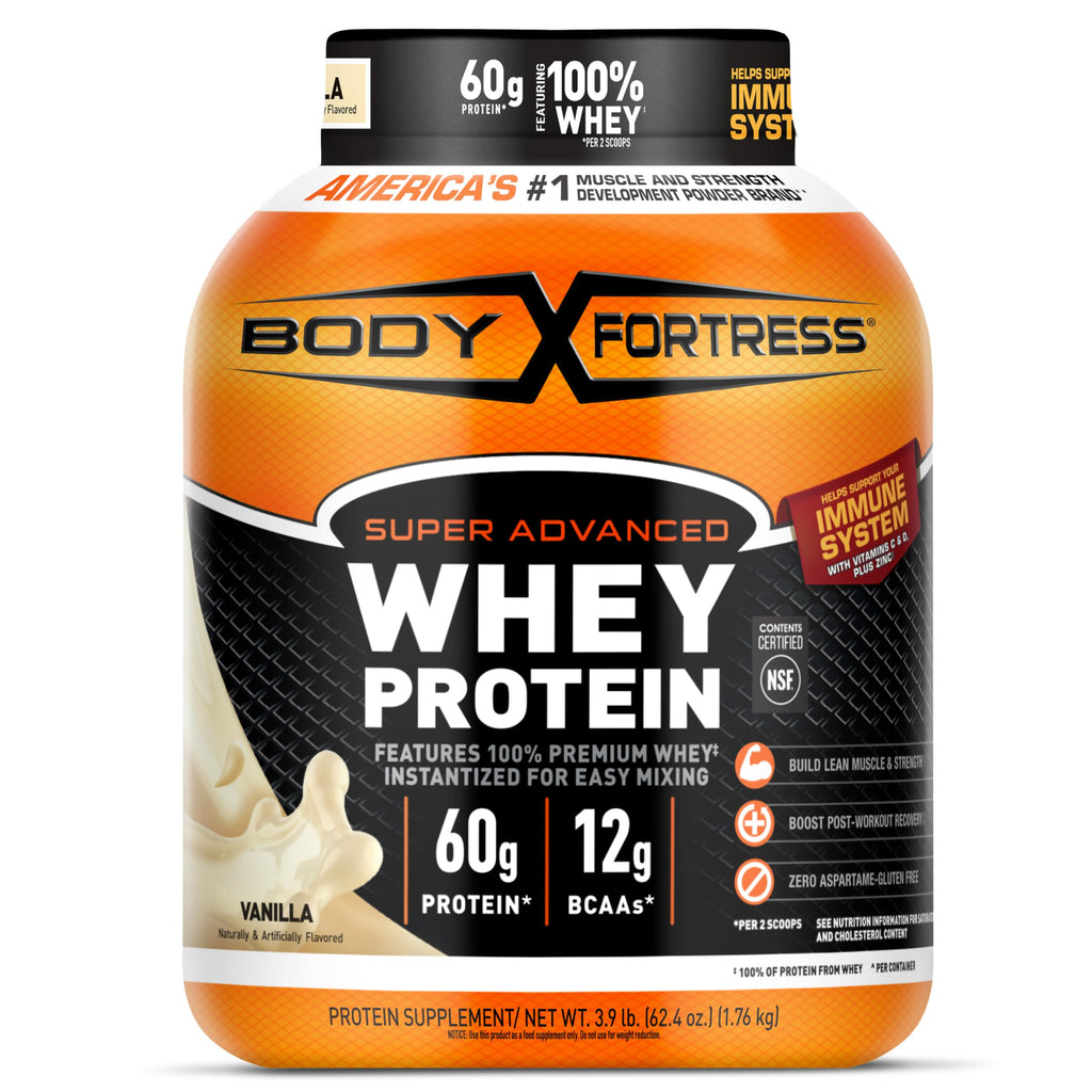 Body Fortress Super Advanced Whey Protein Powder, Strawberry, Immune Support (1), Vitamins C & D Plus Zinc, 1.78 lbs