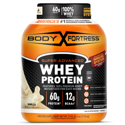 Body Fortress Super Advanced Whey Protein Powder, Strawberry, Immune Support (1), Vitamins C & D Plus Zinc, 1.78 lbs