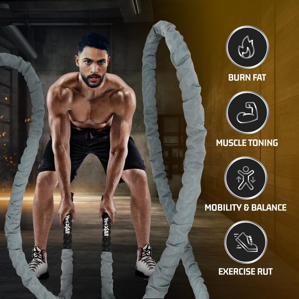 Yes4All Battle Ropes, Workout Rope with Cover, Steel Anchor & Strap Included, Heavy Ropes for Exercise Training - 1.5/2 Inch Diameter, 30, 40, 50 Ft Length