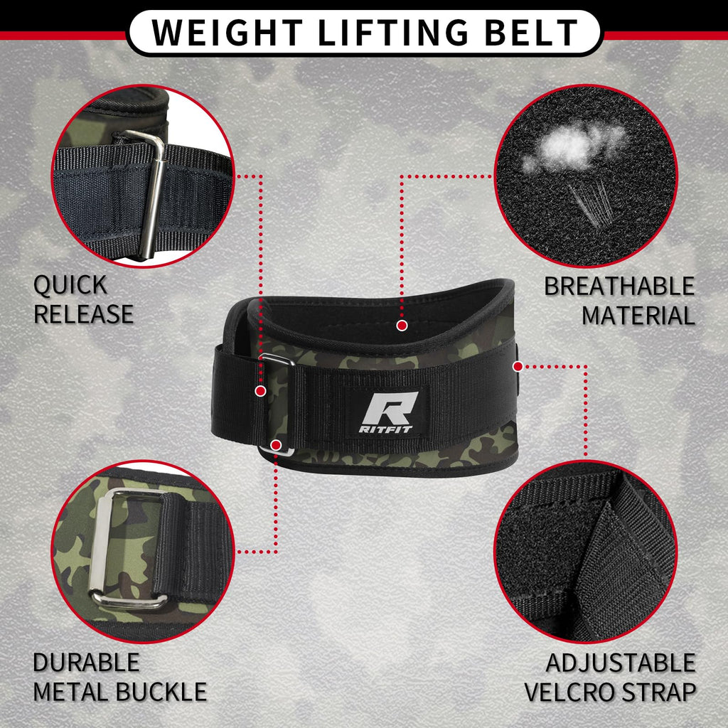RitFit Weight Lifting Belt - Great for Squats, Lunges, Deadlift, Thrusters - Men and Women - 6 Inch Black/Camouflage