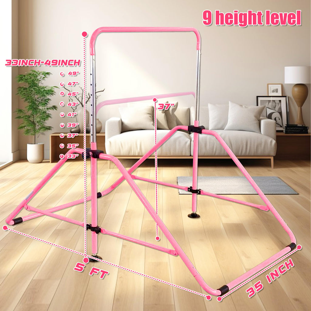 MARFULA Foldable Gymnastic Bar for Kids Ages 3-9, 9 Height Levels, 200 lbs Weight Capacity, 5 Ft Length Gymnastic Kip Bar with Mat, Gymnastic Equipment for Home and Gym Center Indoor Outdoor Use