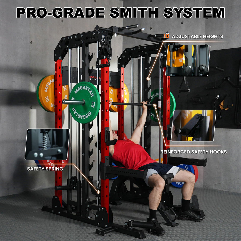 Smith Machine Home Gym with Aluminum Pulley Set- 2000lbs Capacity All-in-One Power Rack with Cable Crossover, Pull-Up Bar & Dip Station, Includes 18 Attachments, P107 Anvil
