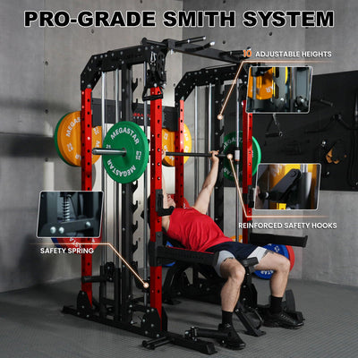 Smith Machine Home Gym with Aluminum Pulley Set- 2000lbs Capacity All-in-One Power Rack with Cable Crossover, Pull-Up Bar & Dip Station, Includes 18 Attachments, P107 Anvil