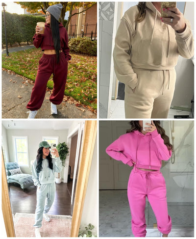 LTSCNRM Women's 2 Piece Airport Outfits Fleece Crop Hoodies Pullover Sweatshirt Sweatsuits Joggers Pants Pockets