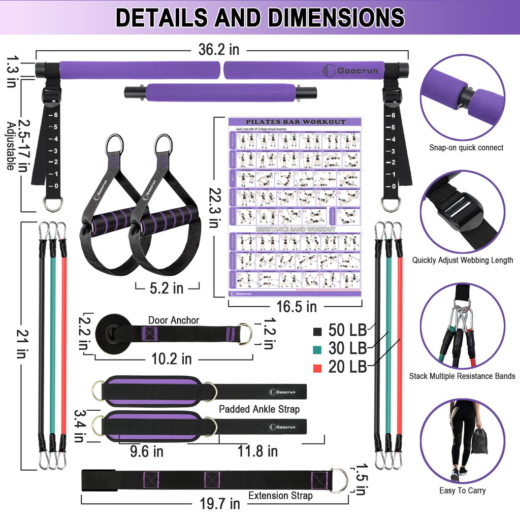 Portable Pilates Bar Kit with Resistance Bands for Men and Women - 3 Set Exercise Resistance Bands - Multifunctional Home Gym - Supports Full-Body Workouts – with Fitness Poster and Video