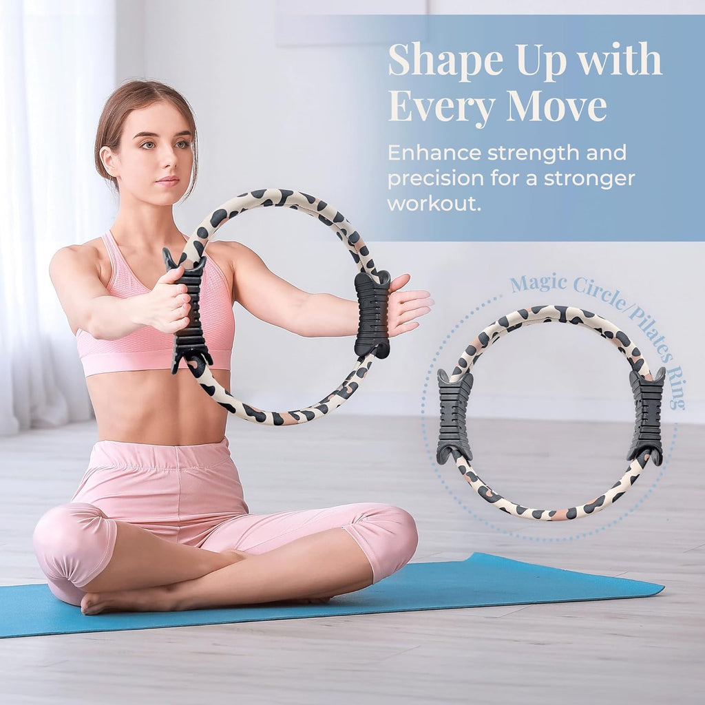 Pilates Ring Magic Circle for Women, 12” with Dual Grip Handles and Exercise Guide, Pilates Equipment for Home or Gym Workout, Fitness Tool, Leopard Print
